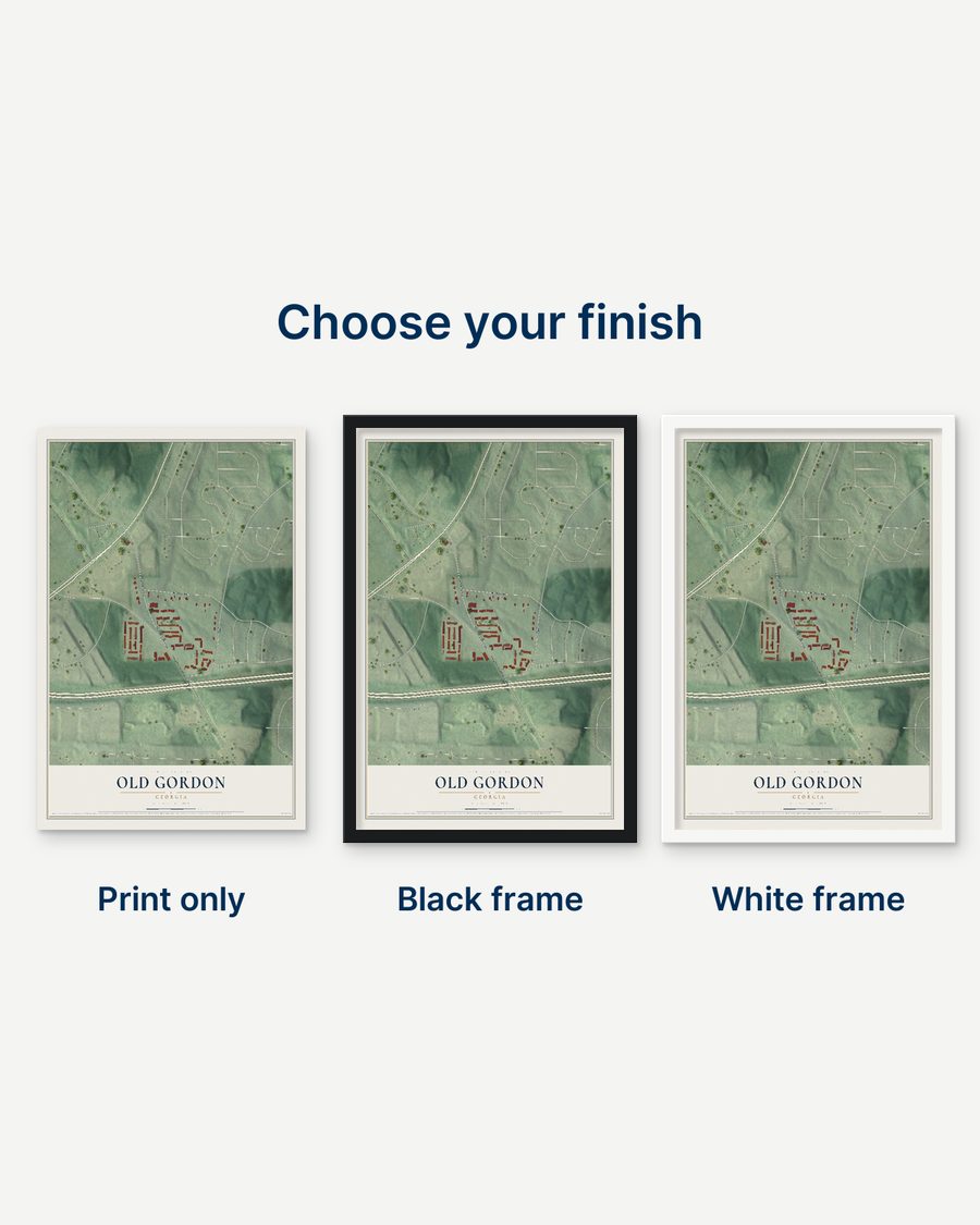 The Old Gordon, Georgia map as a print only, in a black frame and in a white frame