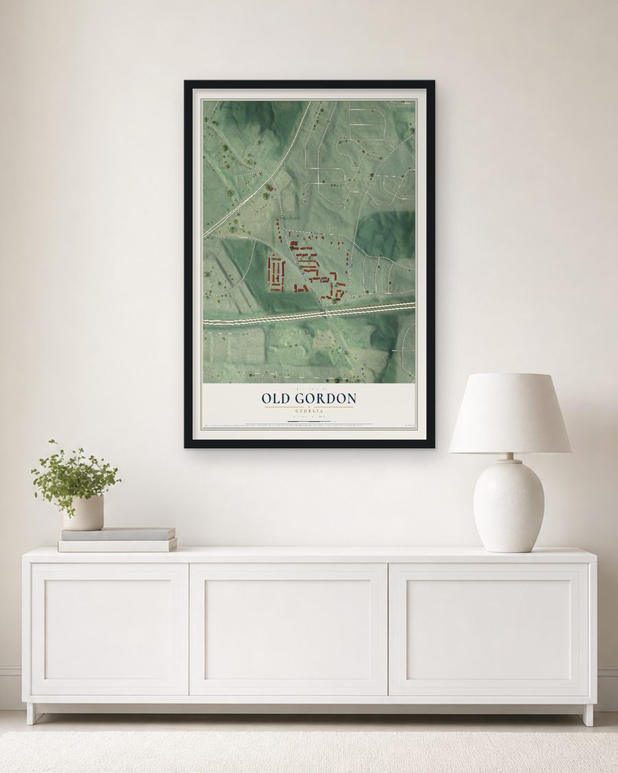 The Old Gordon, Georgia map, 24 x 36 in, in a black wood frame on a living room wall
