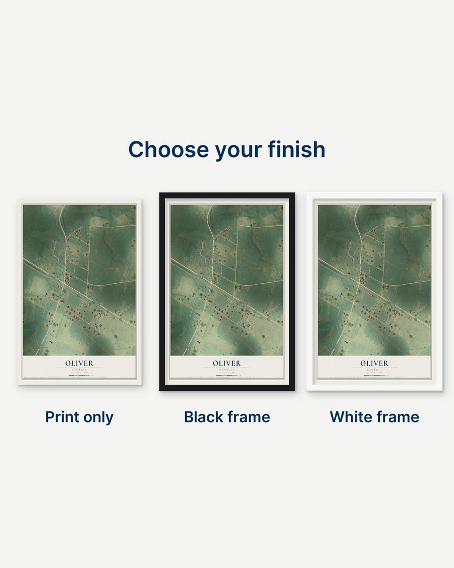 The Oliver, Georgia map as a print only, in a black frame and in a white frame