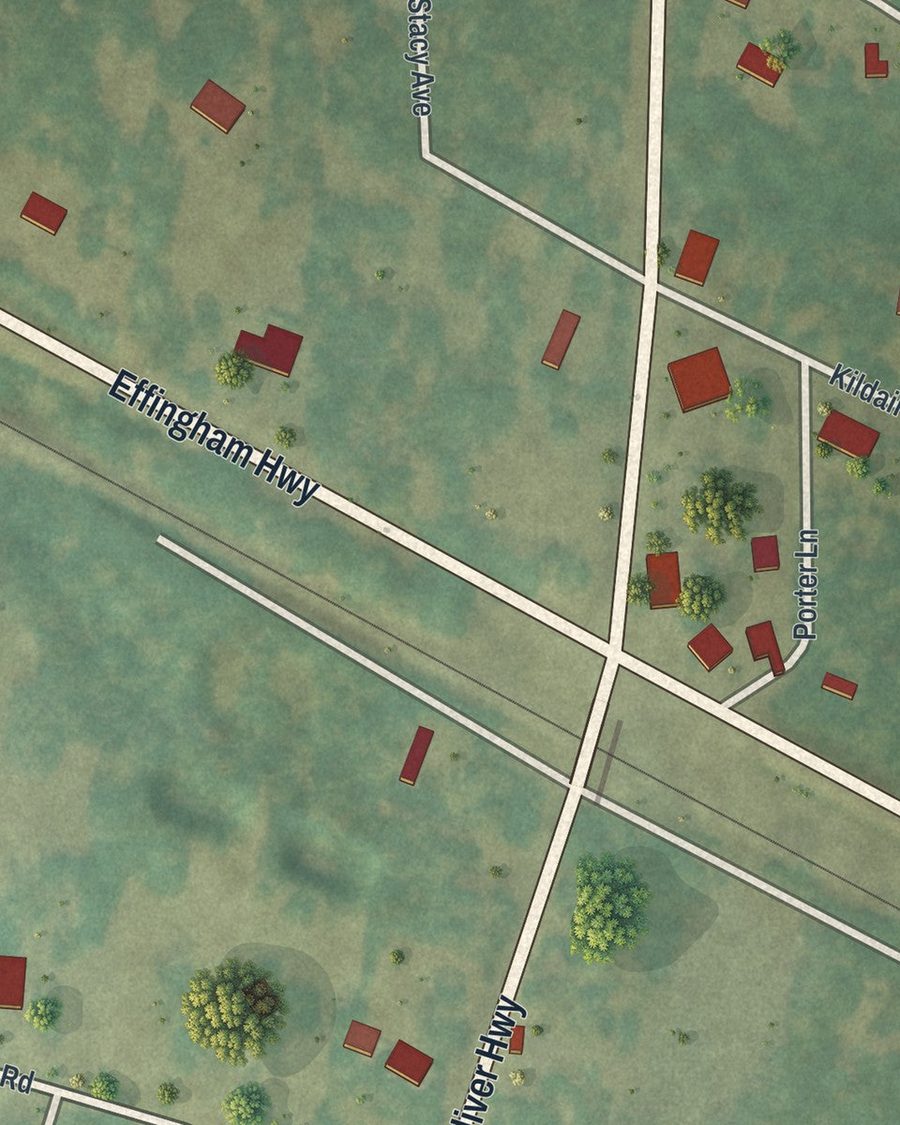 Close-up of Oliver streets on the map
