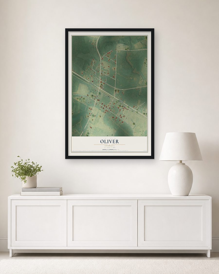 The Oliver, Georgia map, 24 x 36 in, in a black wood frame on a living room wall