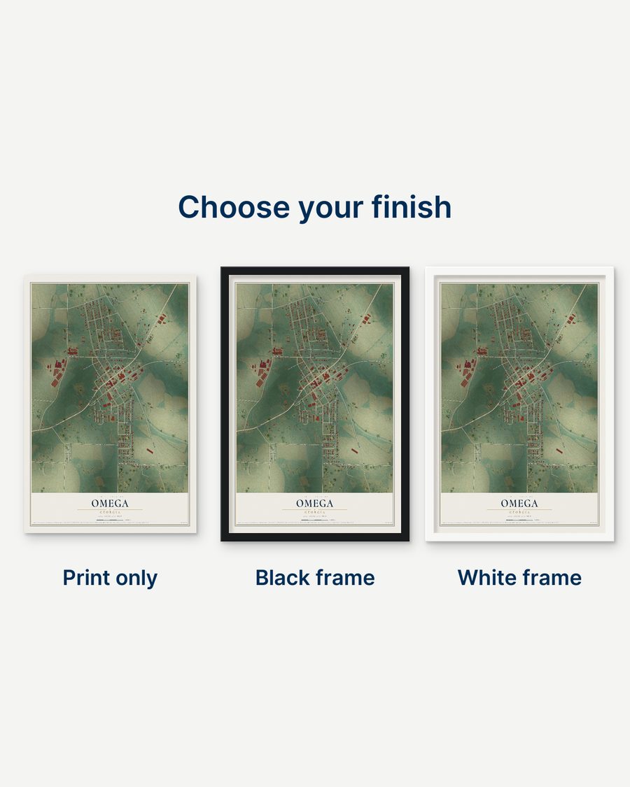 The Omega, Georgia map as a print only, in a black frame and in a white frame