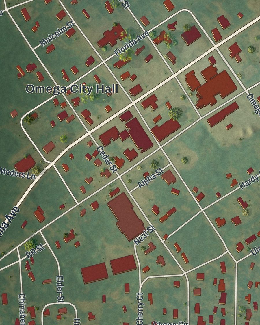 Close-up of Omega streets on the map