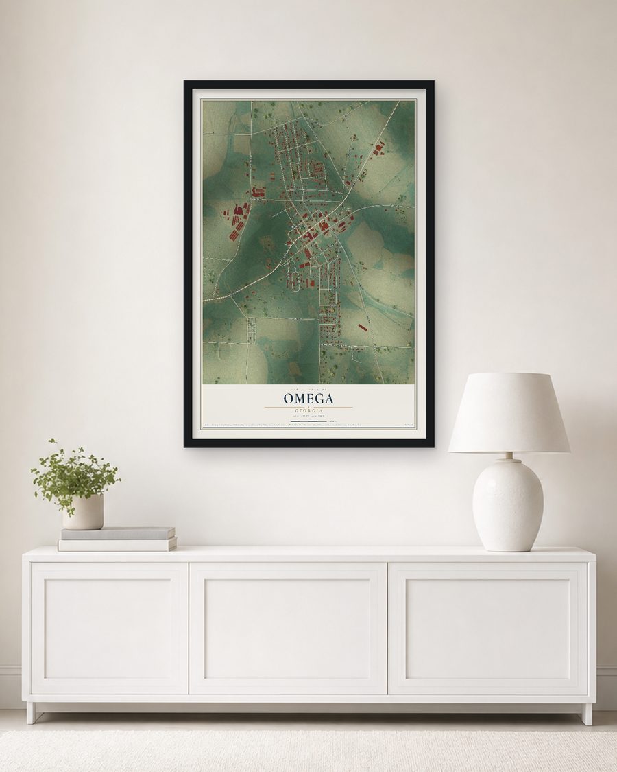 The Omega, Georgia map, 24 x 36 in, in a black wood frame on a living room wall