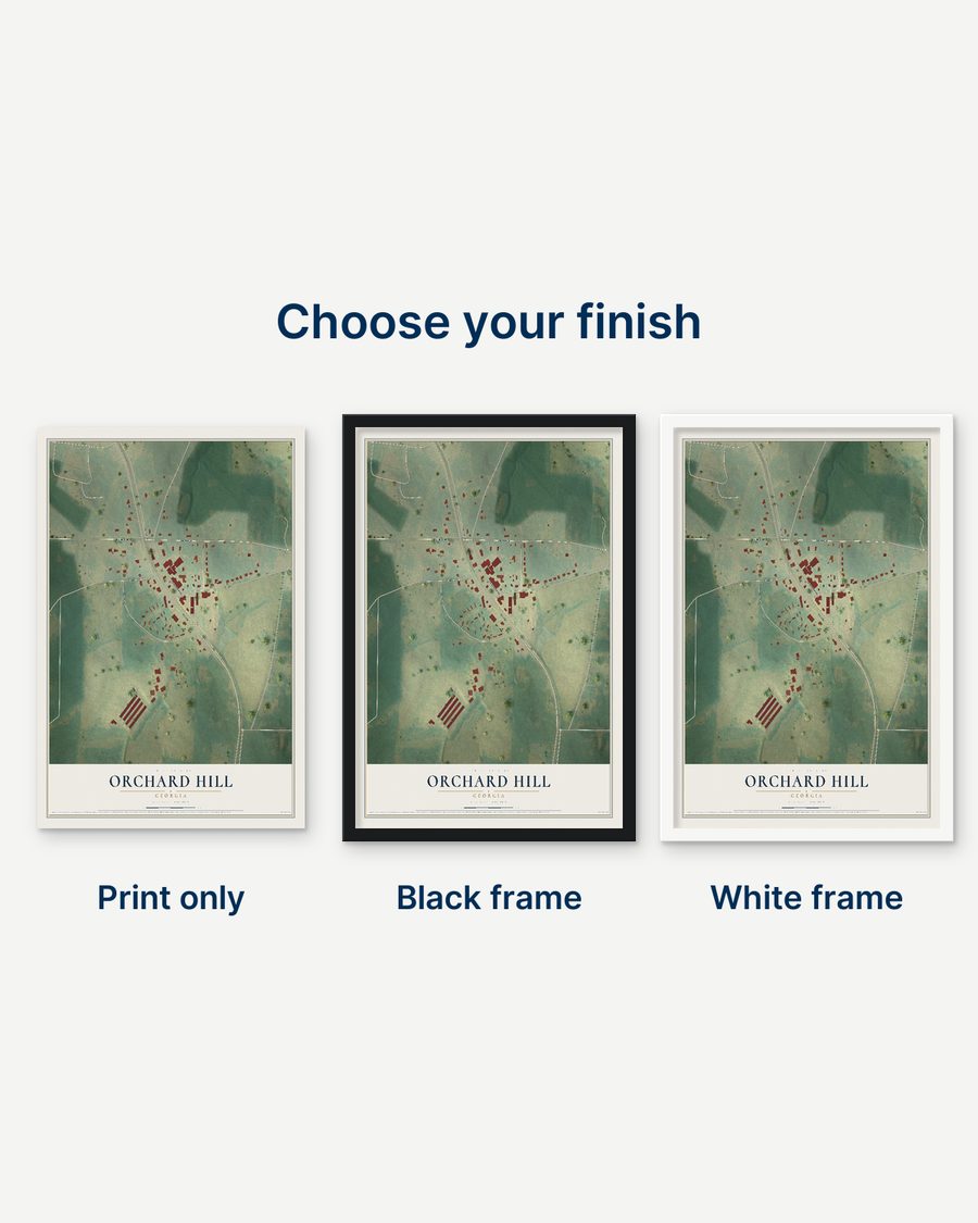 The Orchard Hill, Georgia map as a print only, in a black frame and in a white frame