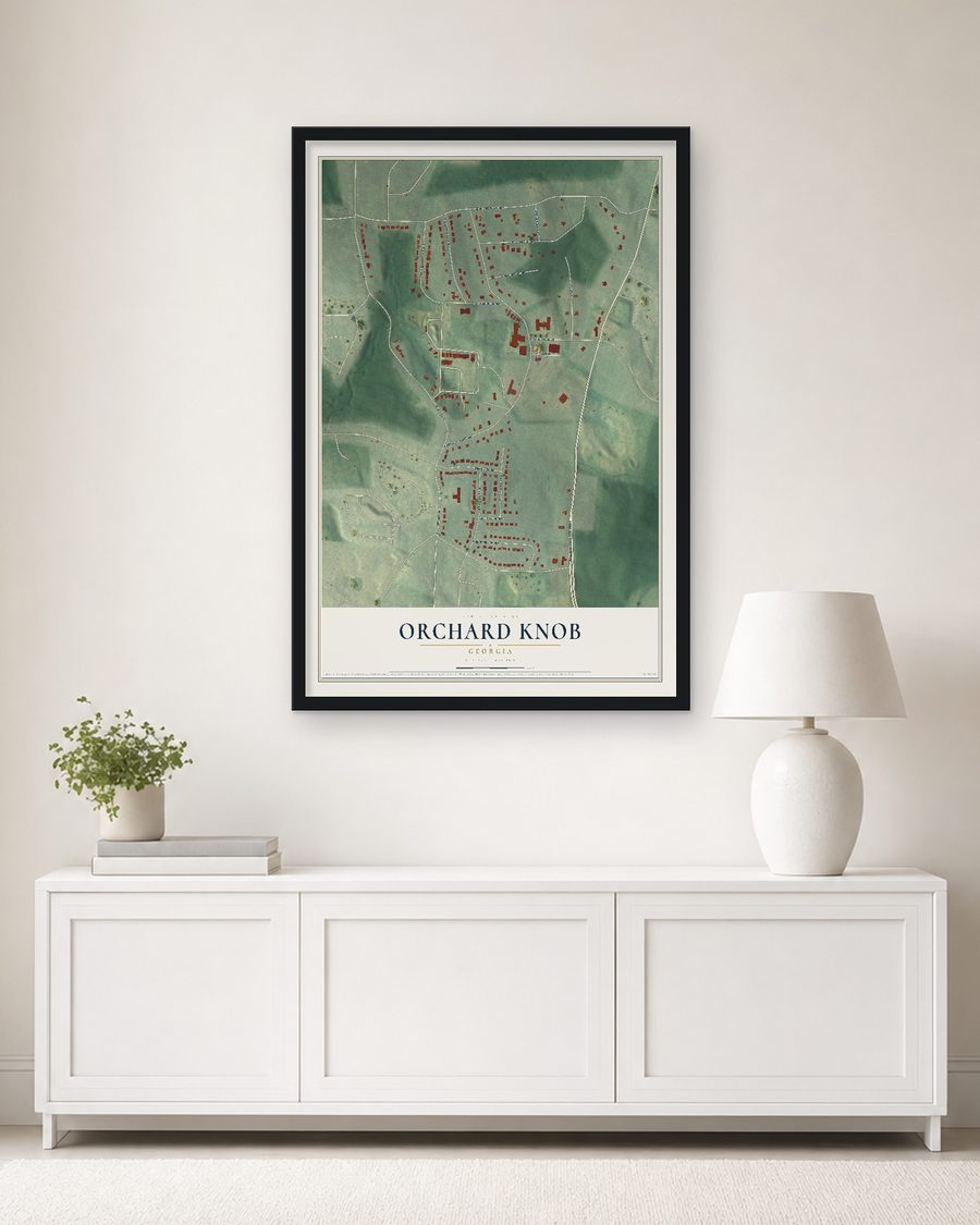 The Orchard Knob, Georgia map, 24 x 36 in, in a black wood frame on a living room wall
