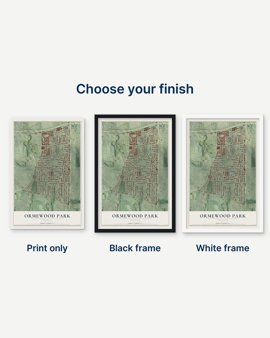 The Ormewood Park, Georgia map as a print only, in a black frame and in a white frame