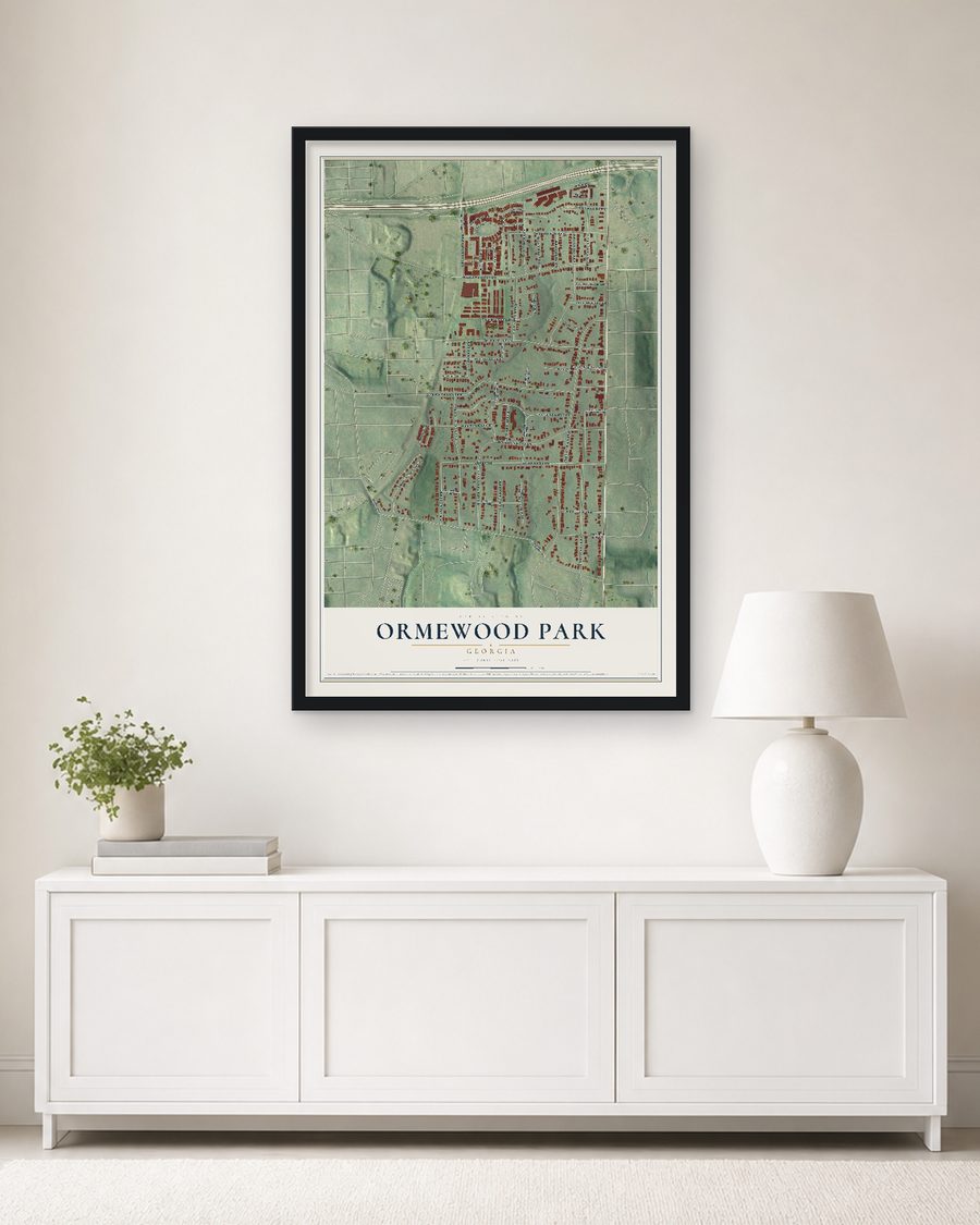 The Ormewood Park, Georgia map, 24 x 36 in, in a black wood frame on a living room wall