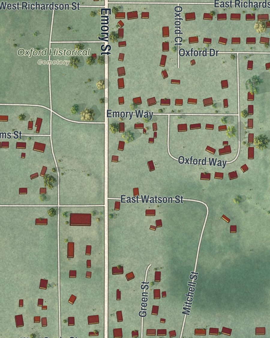 Close-up of Oxford streets on the map