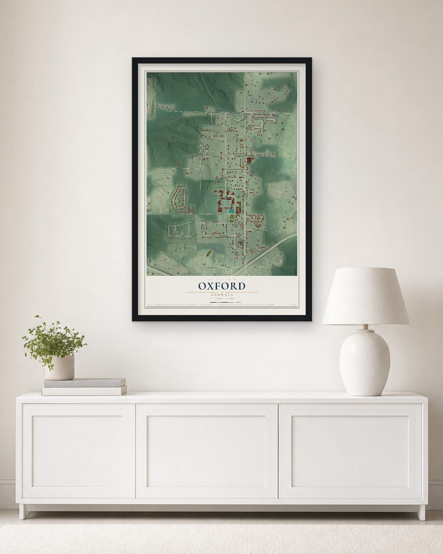 The Oxford, Georgia map, 24 x 36 in, in a black wood frame on a living room wall
