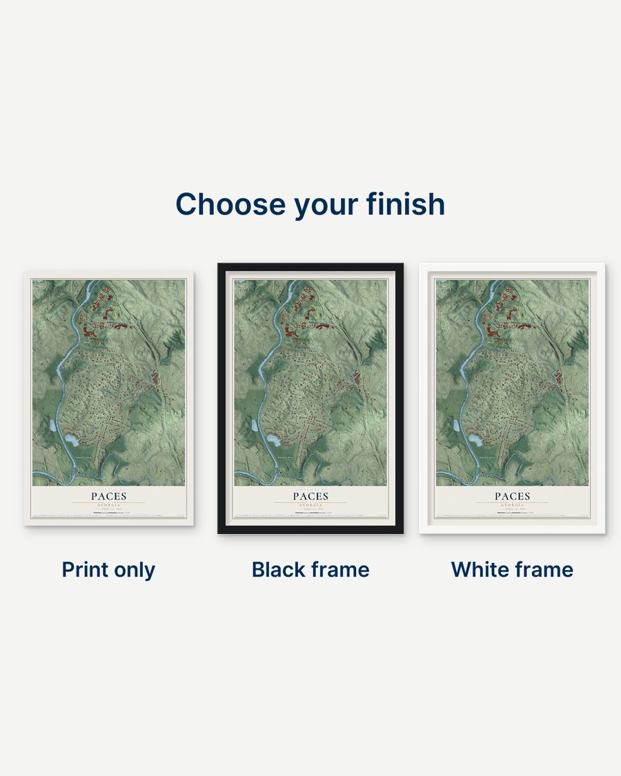 The Paces, Georgia map as a print only, in a black frame and in a white frame