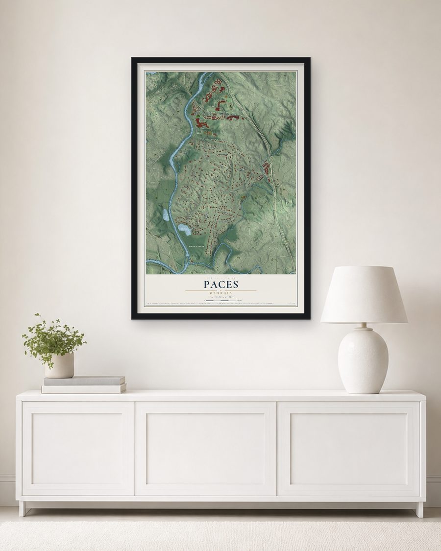 The Paces, Georgia map, 24 x 36 in, in a black wood frame on a living room wall