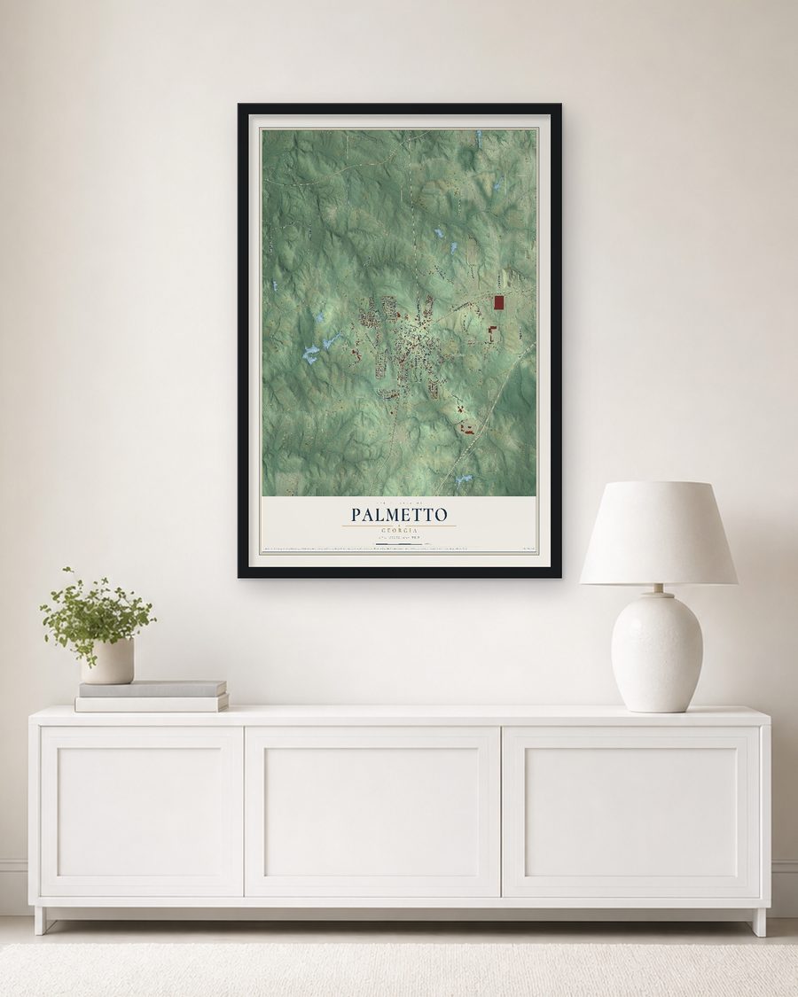 The Palmetto, Georgia map, 24 x 36 in, in a black wood frame on a living room wall