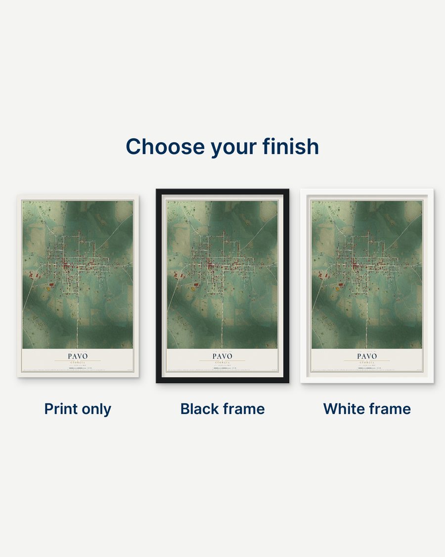 The Pavo, Georgia map as a print only, in a black frame and in a white frame