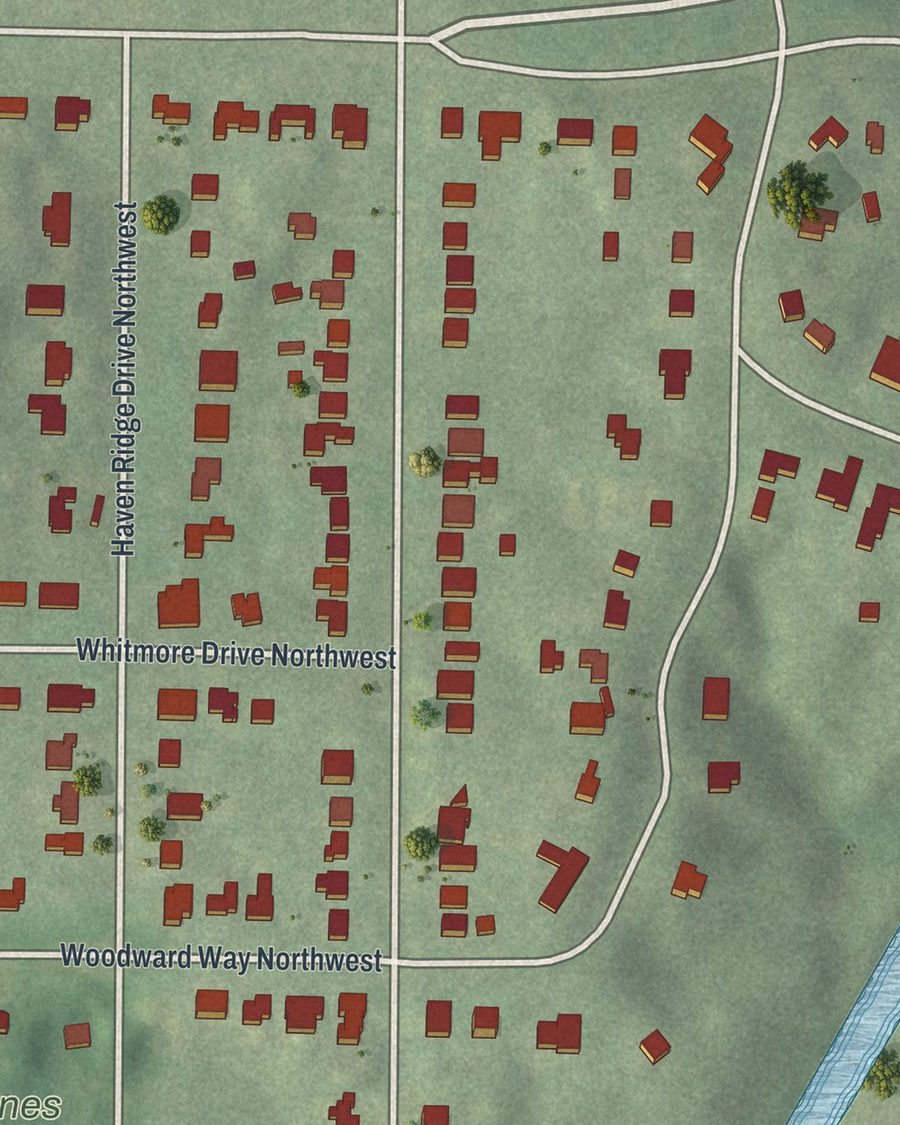 Close-up of Peachtree Battle Alliance streets on the map