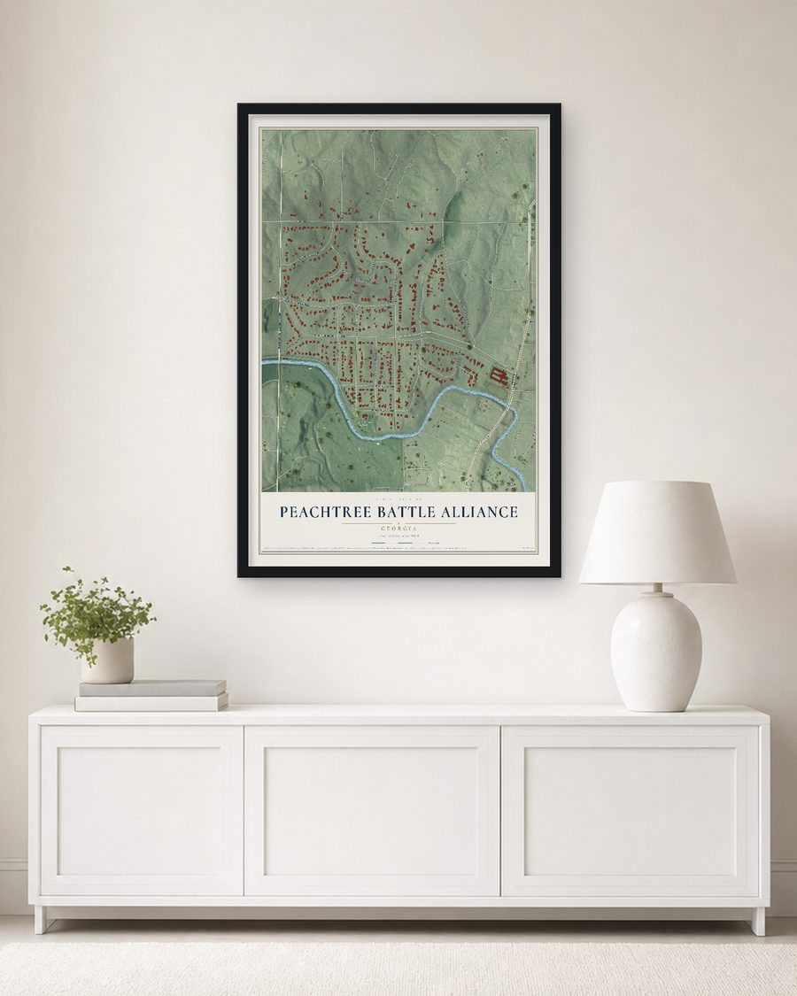The Peachtree Battle Alliance, Georgia map, 24 x 36 in, in a black wood frame on a living room wall
