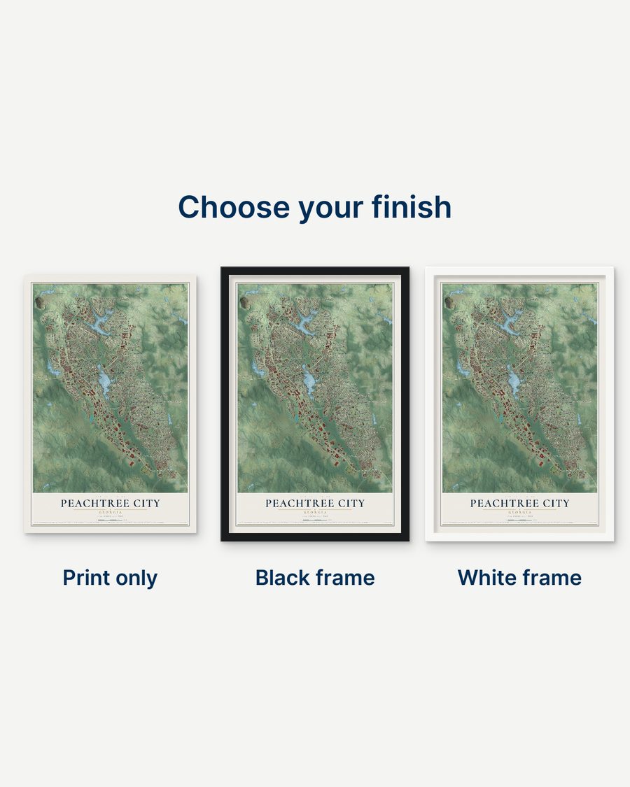 The Peachtree City, Georgia map as a print only, in a black frame and in a white frame