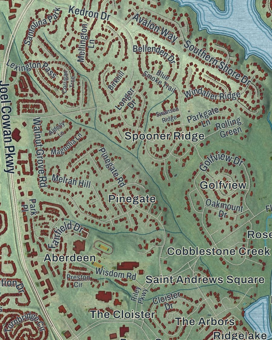 Close-up of Peachtree City streets on the map