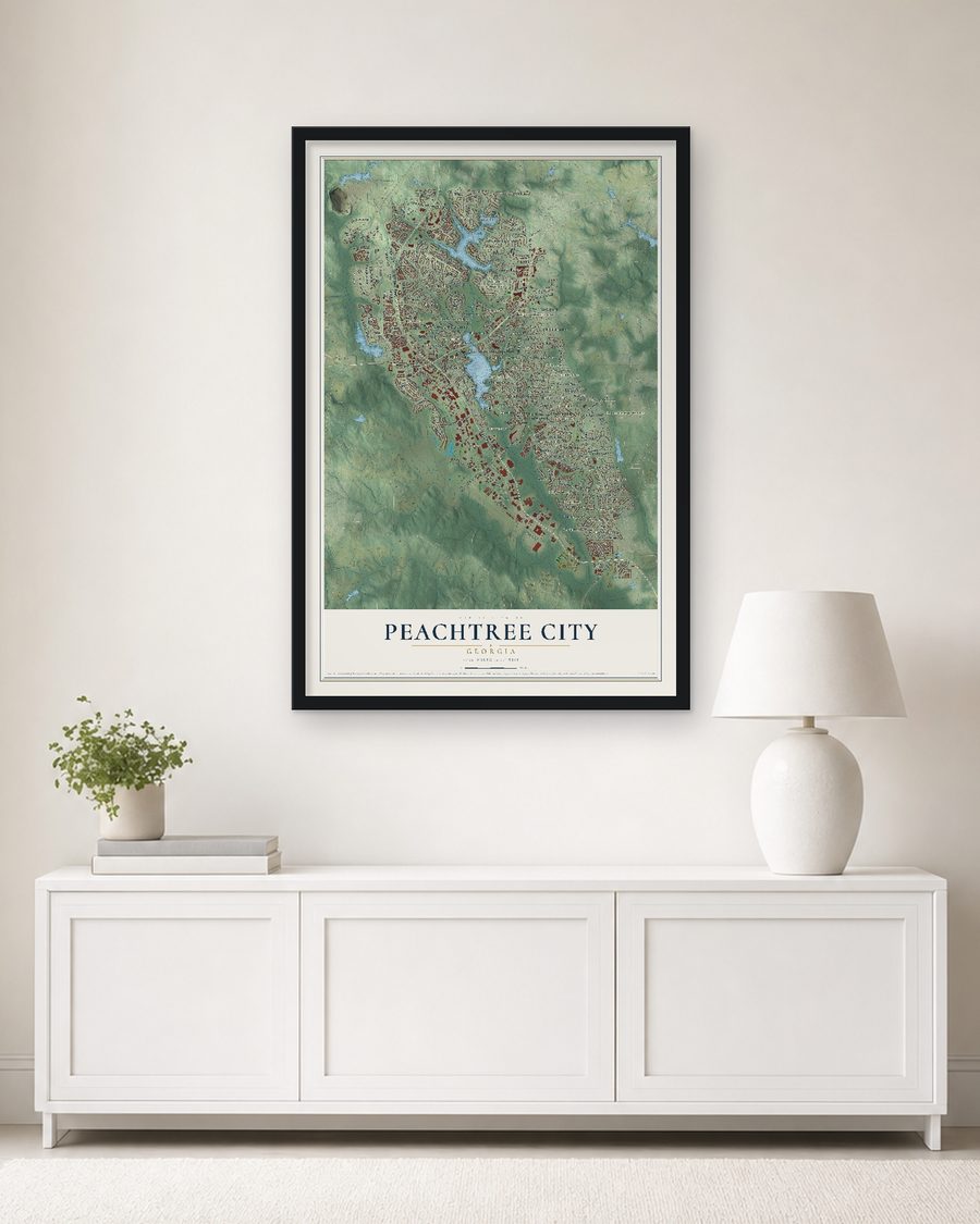 The Peachtree City, Georgia map, 24 x 36 in, in a black wood frame on a living room wall