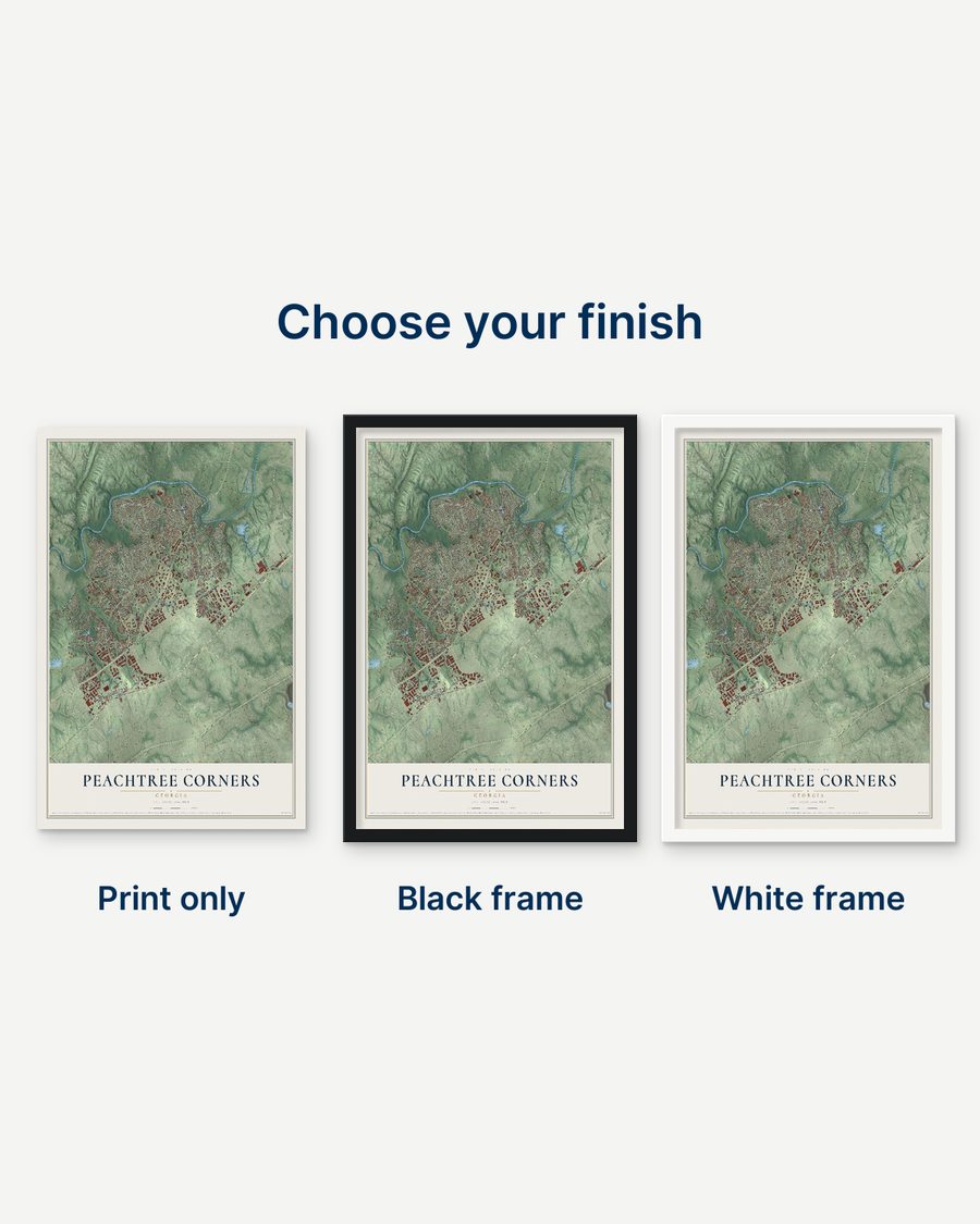 The Peachtree Corners, Georgia map as a print only, in a black frame and in a white frame