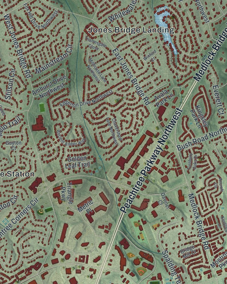 Close-up of Peachtree Corners streets on the map