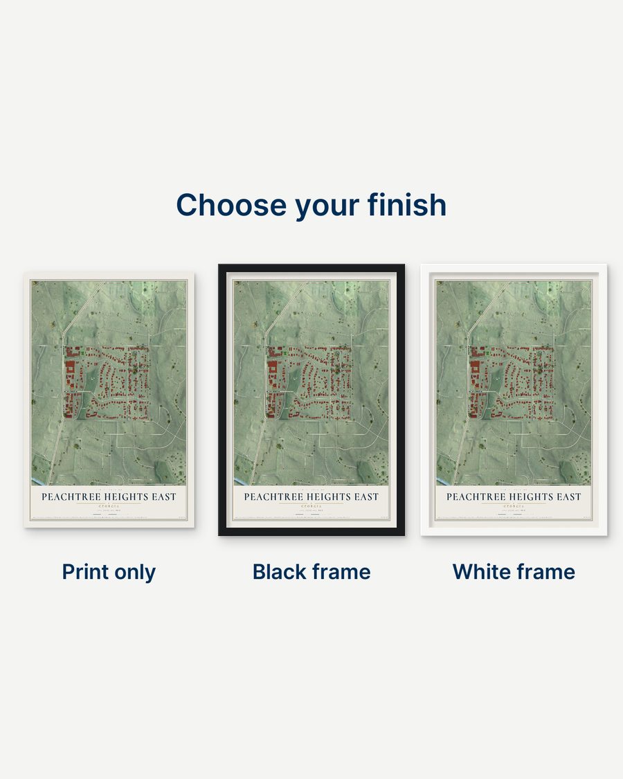 The Peachtree Heights East, Georgia map as a print only, in a black frame and in a white frame