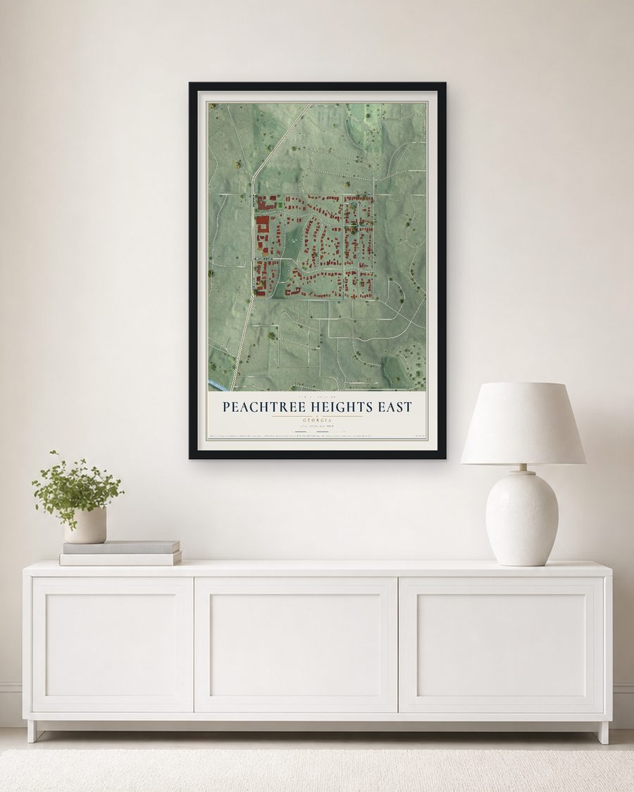 The Peachtree Heights East, Georgia map, 24 x 36 in, in a black wood frame on a living room wall