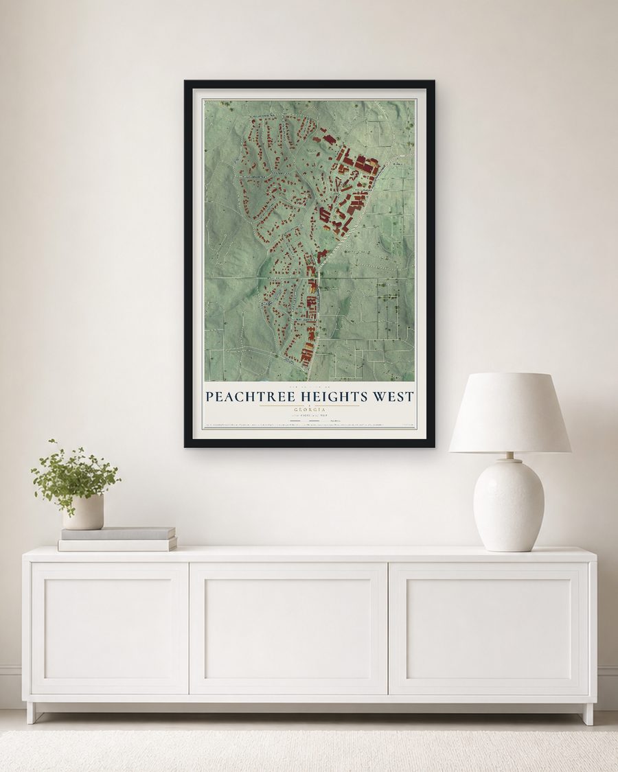 The Peachtree Heights West, Georgia map, 24 x 36 in, in a black wood frame on a living room wall