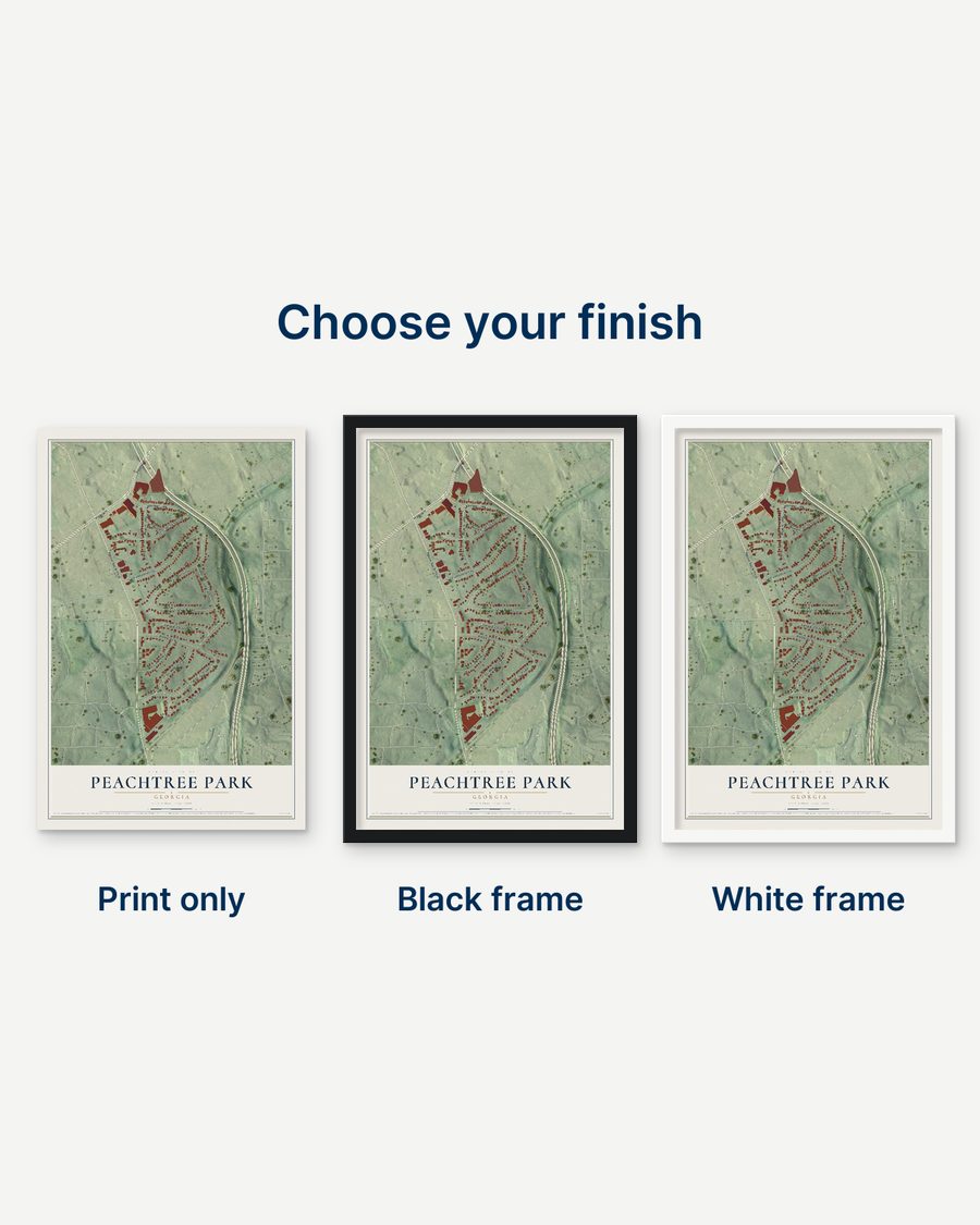 The Peachtree Park, Georgia map as a print only, in a black frame and in a white frame