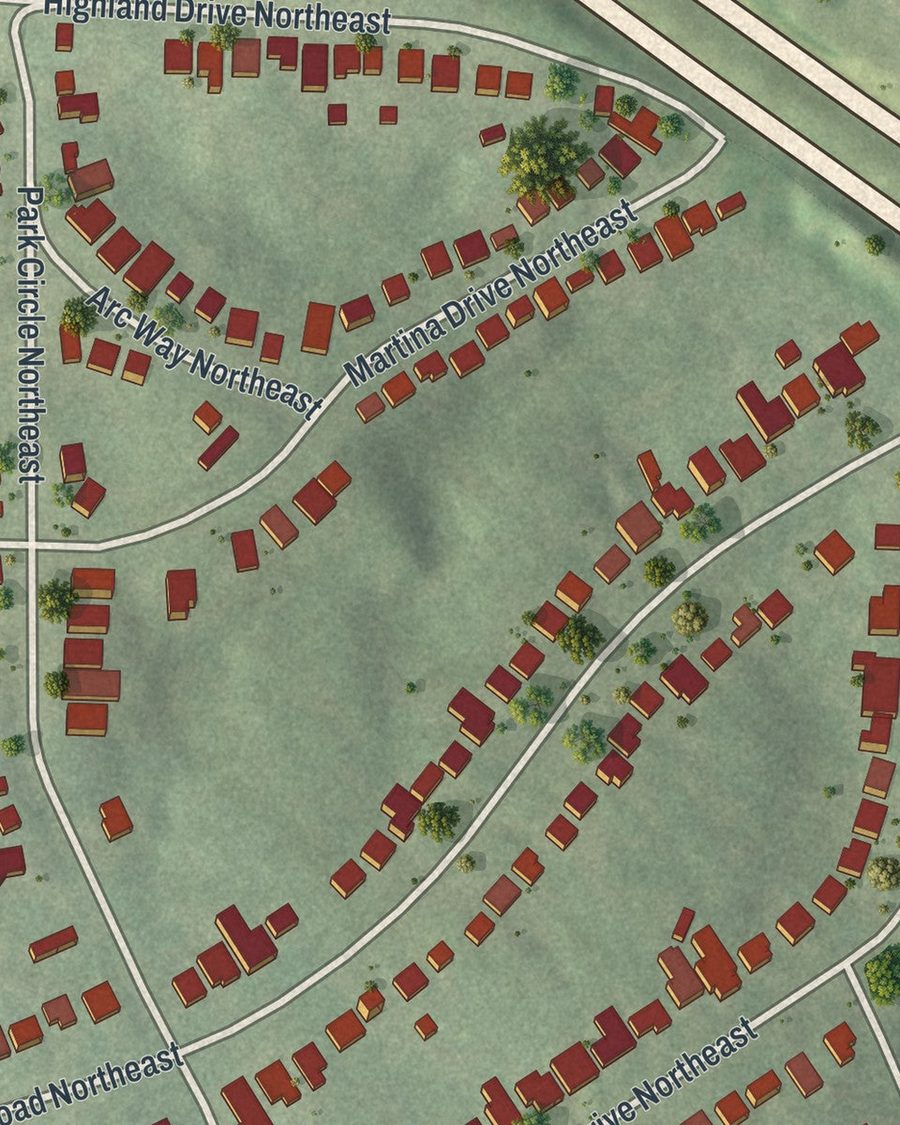 Close-up of Peachtree Park streets on the map
