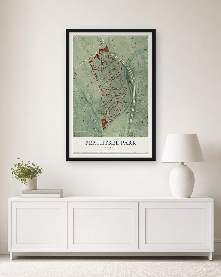 The Peachtree Park, Georgia map, 24 x 36 in, in a black wood frame on a living room wall