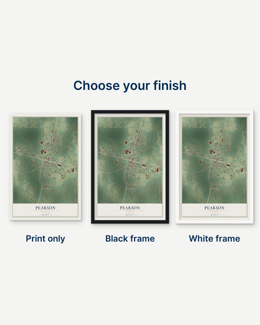 The Pearson, Georgia map as a print only, in a black frame and in a white frame