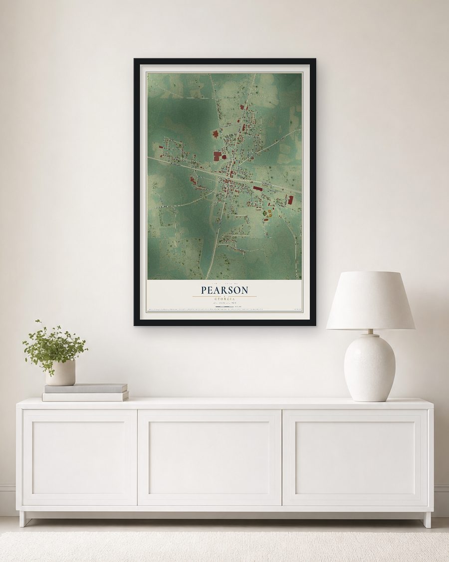 The Pearson, Georgia map, 24 x 36 in, in a black wood frame on a living room wall