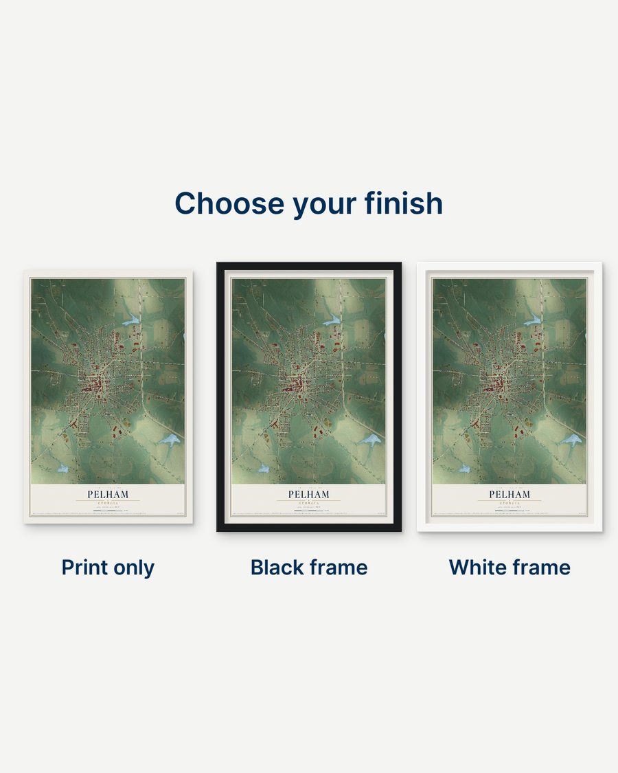 The Pelham, Georgia map as a print only, in a black frame and in a white frame