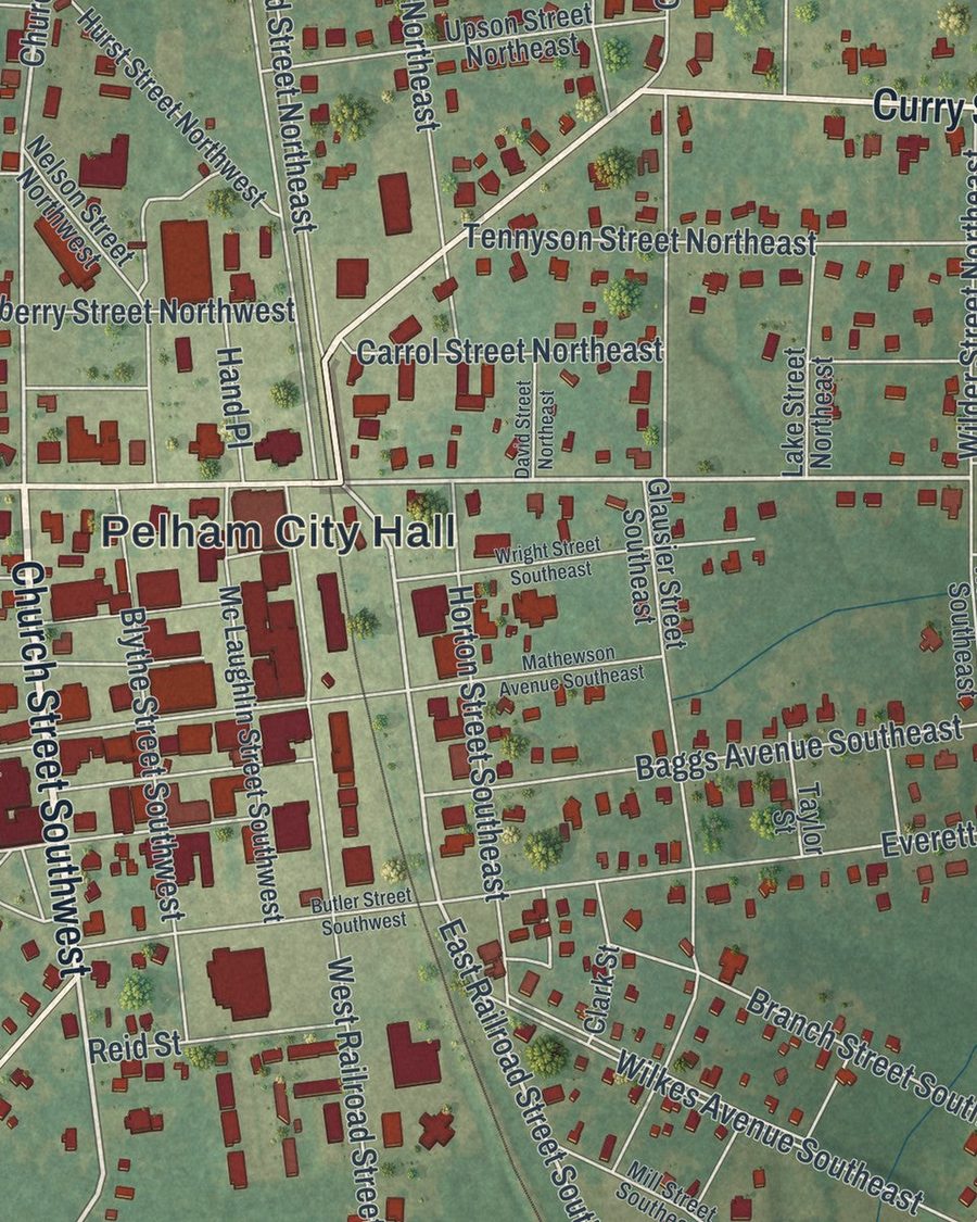 Close-up of Pelham streets on the map