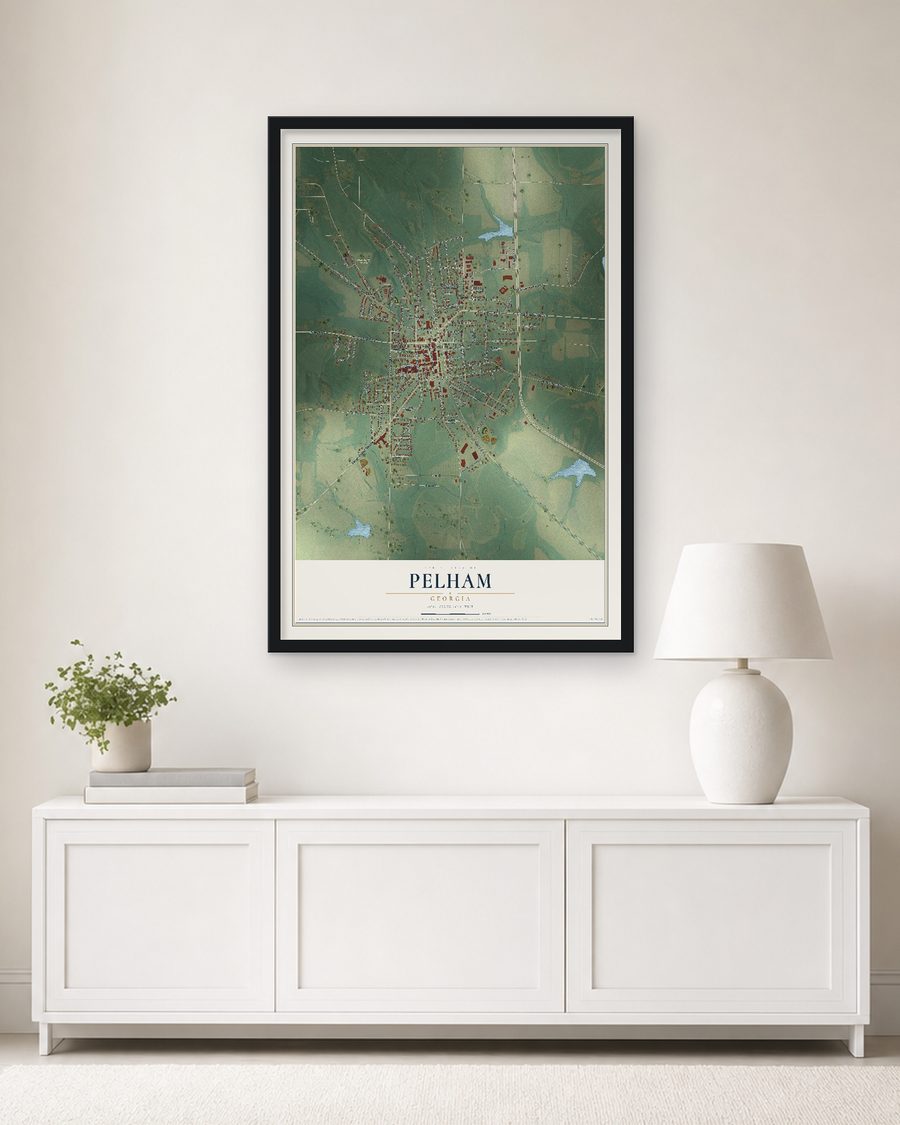 The Pelham, Georgia map, 24 x 36 in, in a black wood frame on a living room wall