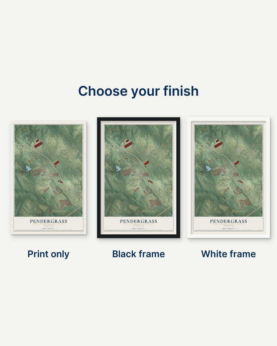 The Pendergrass, Georgia map as a print only, in a black frame and in a white frame