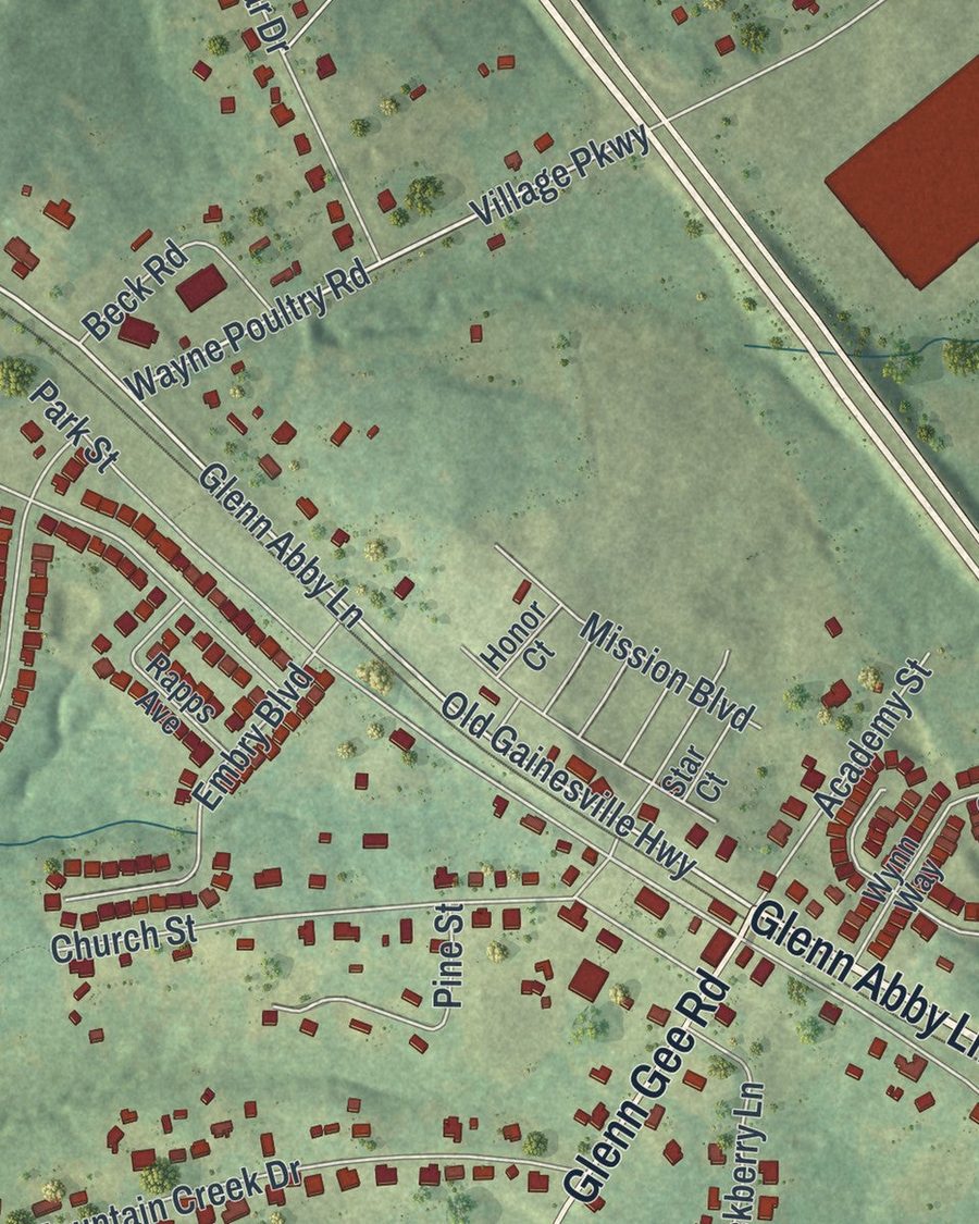 Close-up of Pendergrass streets on the map