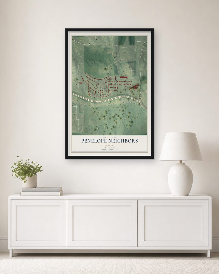 The Penelope Neighbors, Georgia map, 24 x 36 in, in a black wood frame on a living room wall