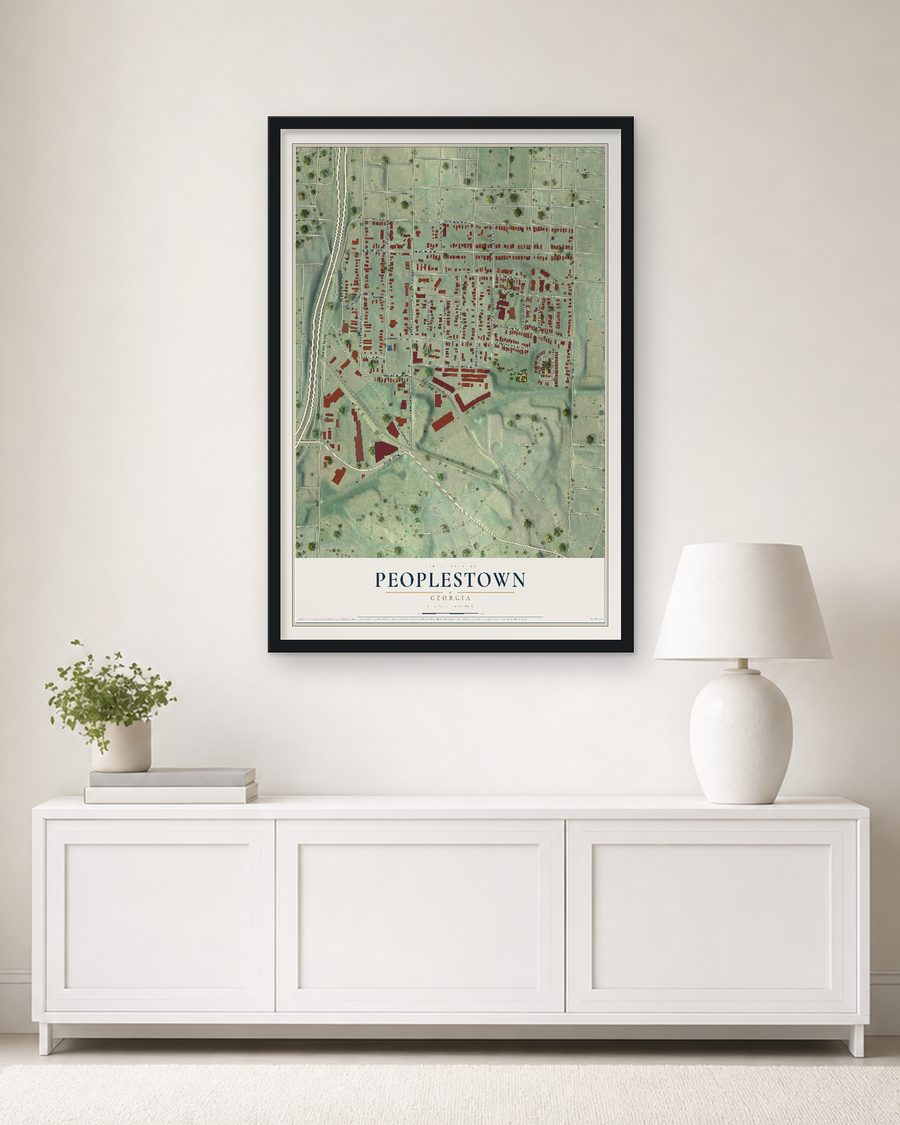 The Peoplestown, Georgia map, 24 x 36 in, in a black wood frame on a living room wall