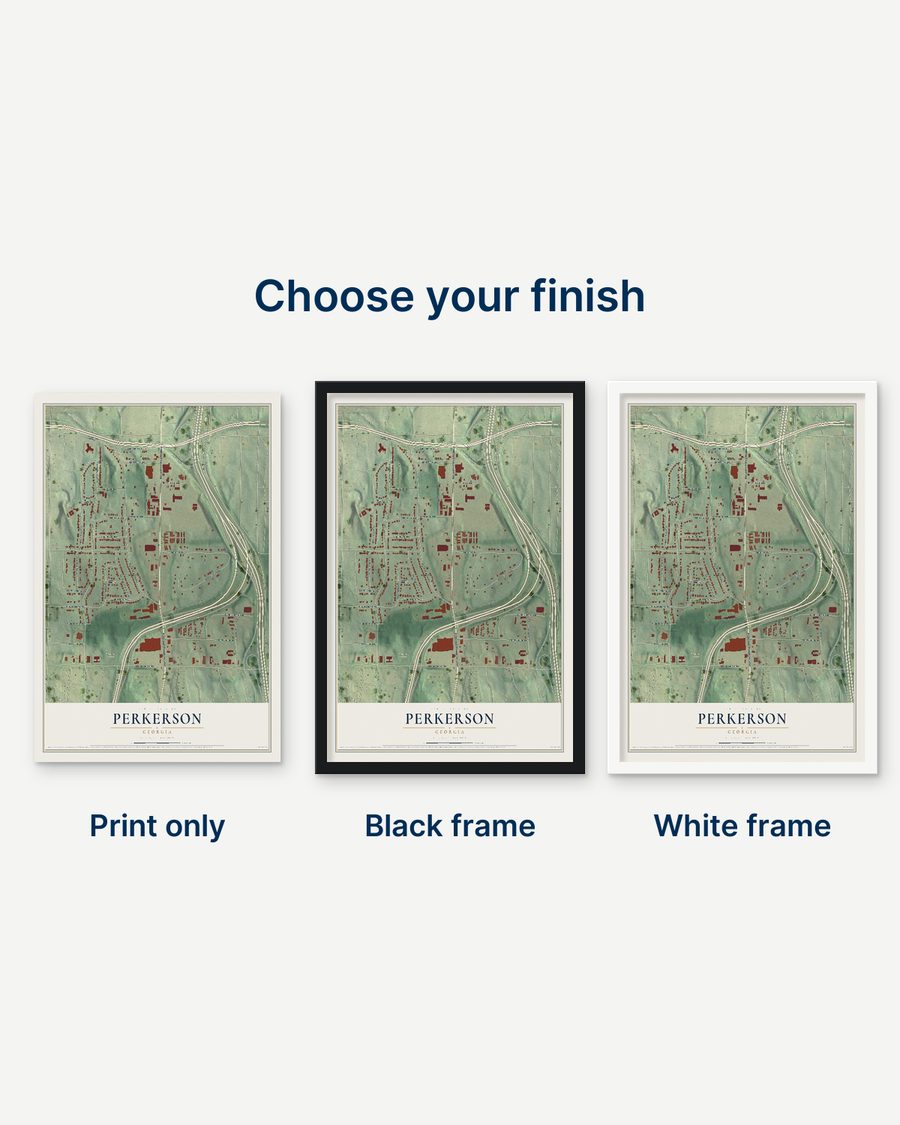 The Perkerson, Georgia map as a print only, in a black frame and in a white frame
