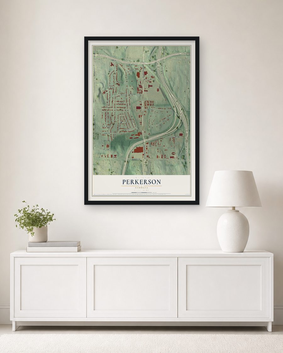 The Perkerson, Georgia map, 24 x 36 in, in a black wood frame on a living room wall