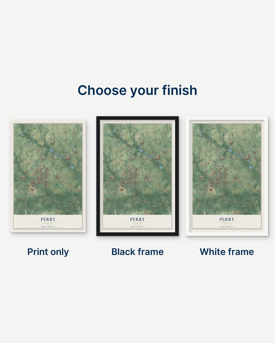 The Perry, Georgia map as a print only, in a black frame and in a white frame