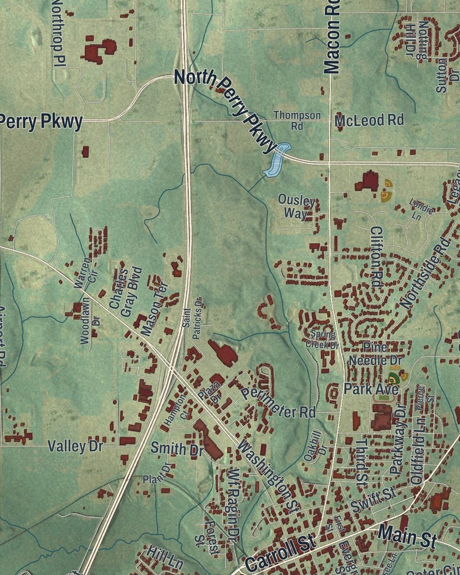 Close-up of Perry streets on the map