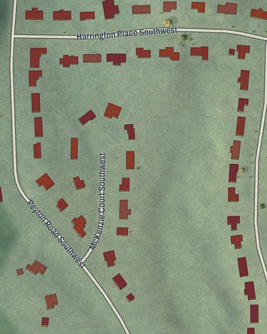 Close-up of Peyton Heights streets on the map