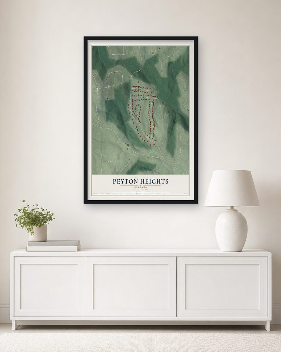 The Peyton Heights, Georgia map, 24 x 36 in, in a black wood frame on a living room wall