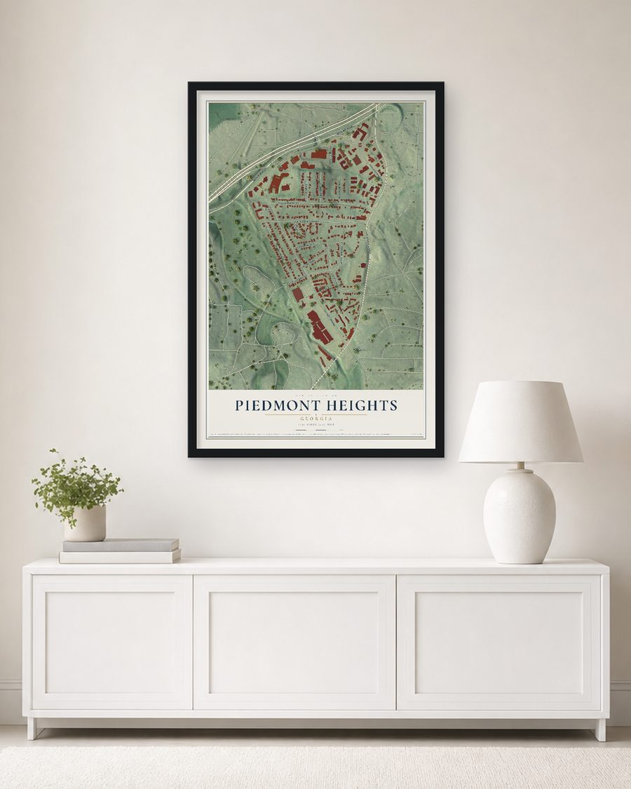 The Piedmont Heights, Georgia map, 24 x 36 in, in a black wood frame on a living room wall