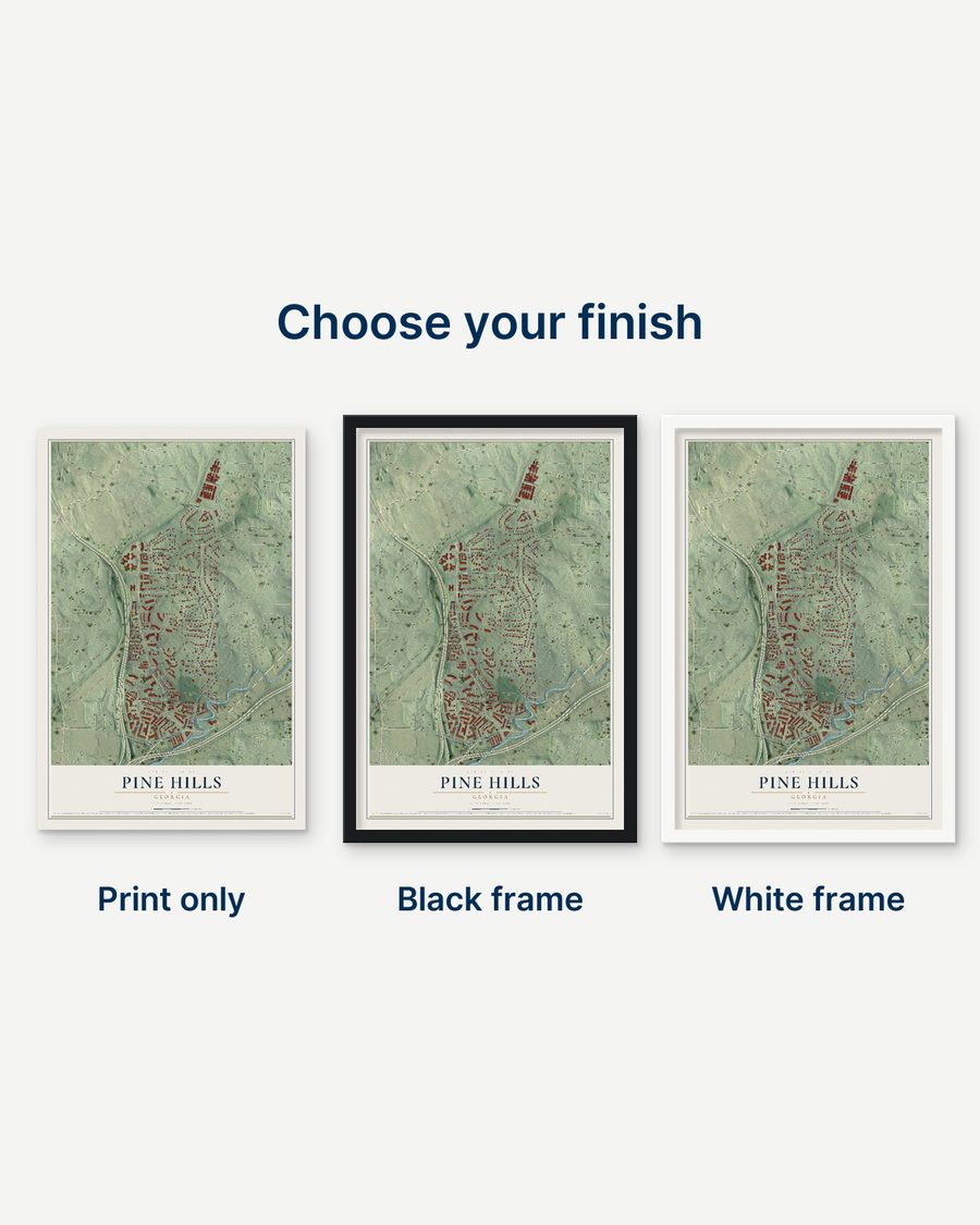 The Pine Hills, Georgia map as a print only, in a black frame and in a white frame