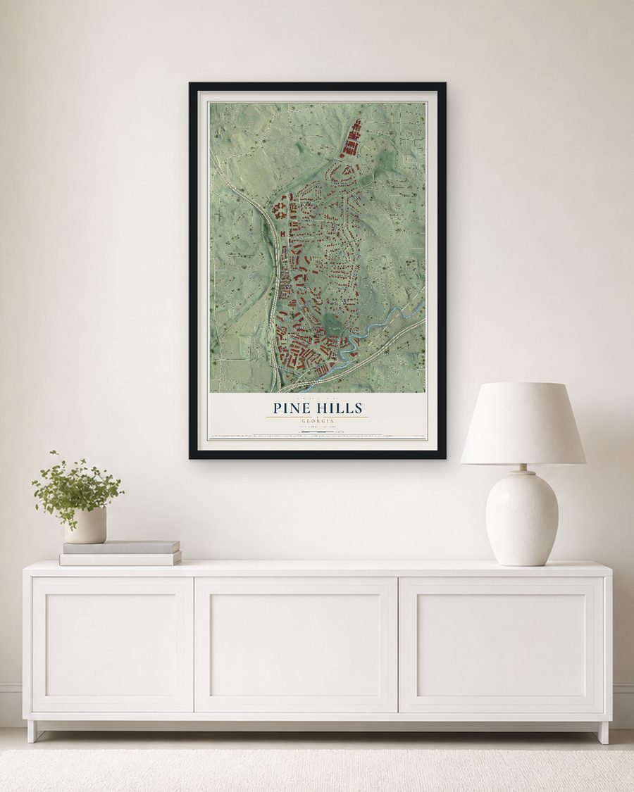 The Pine Hills, Georgia map, 24 x 36 in, in a black wood frame on a living room wall