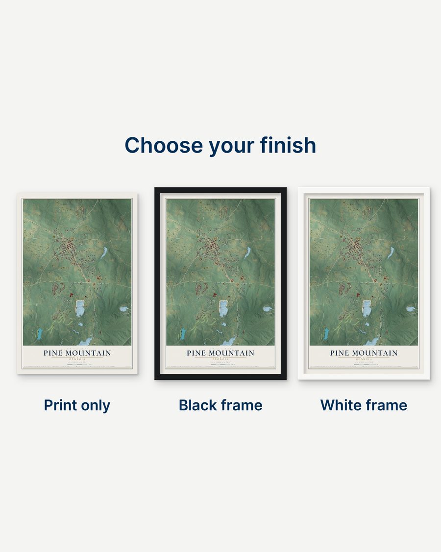 The Pine Mountain, Georgia map as a print only, in a black frame and in a white frame